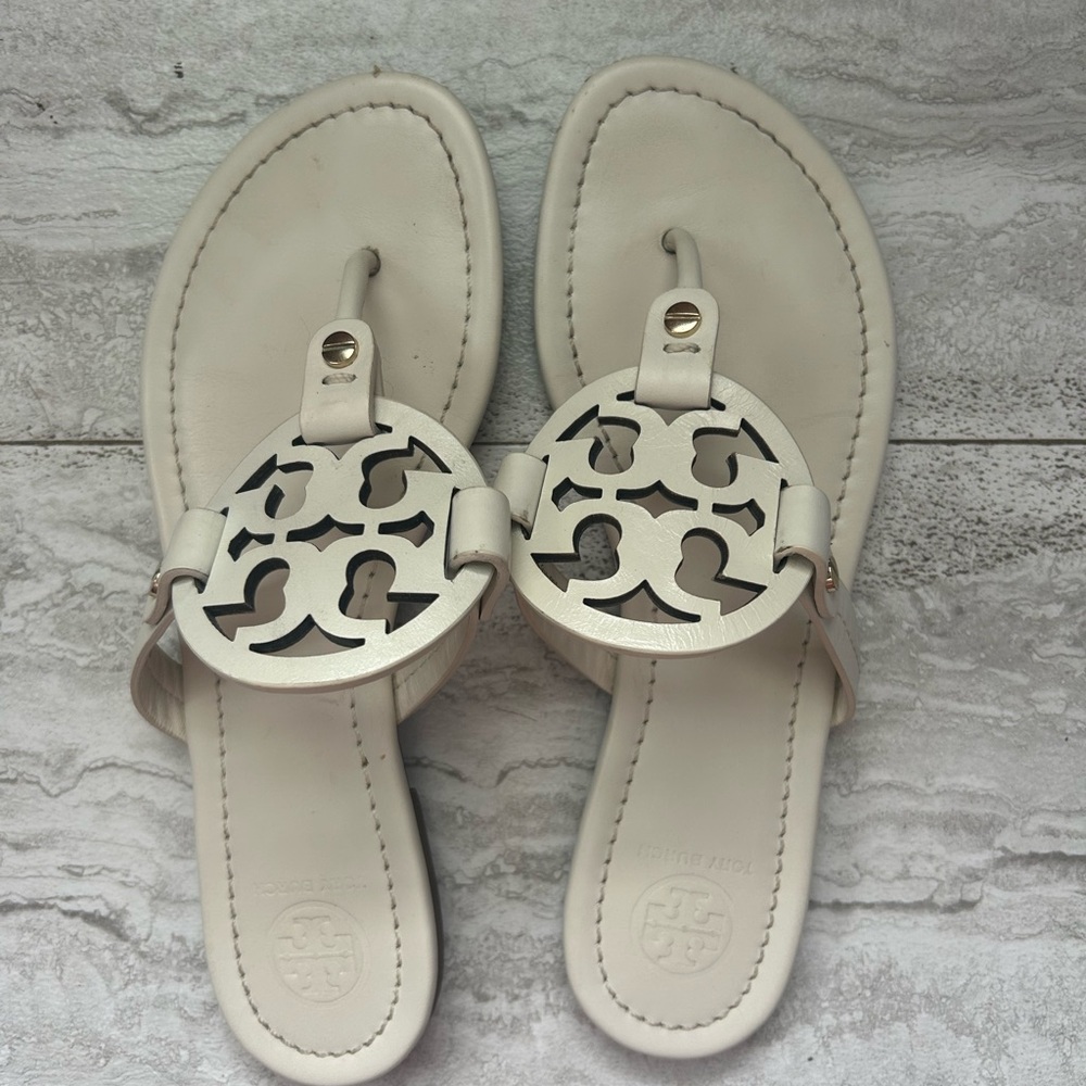 Tory Burch Cream Miller Cutout Leather Thong Sandals